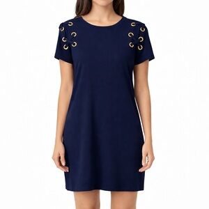 Michael Kors Navy Grommet Lace Up Shoulder Shift Dress Medium Gold